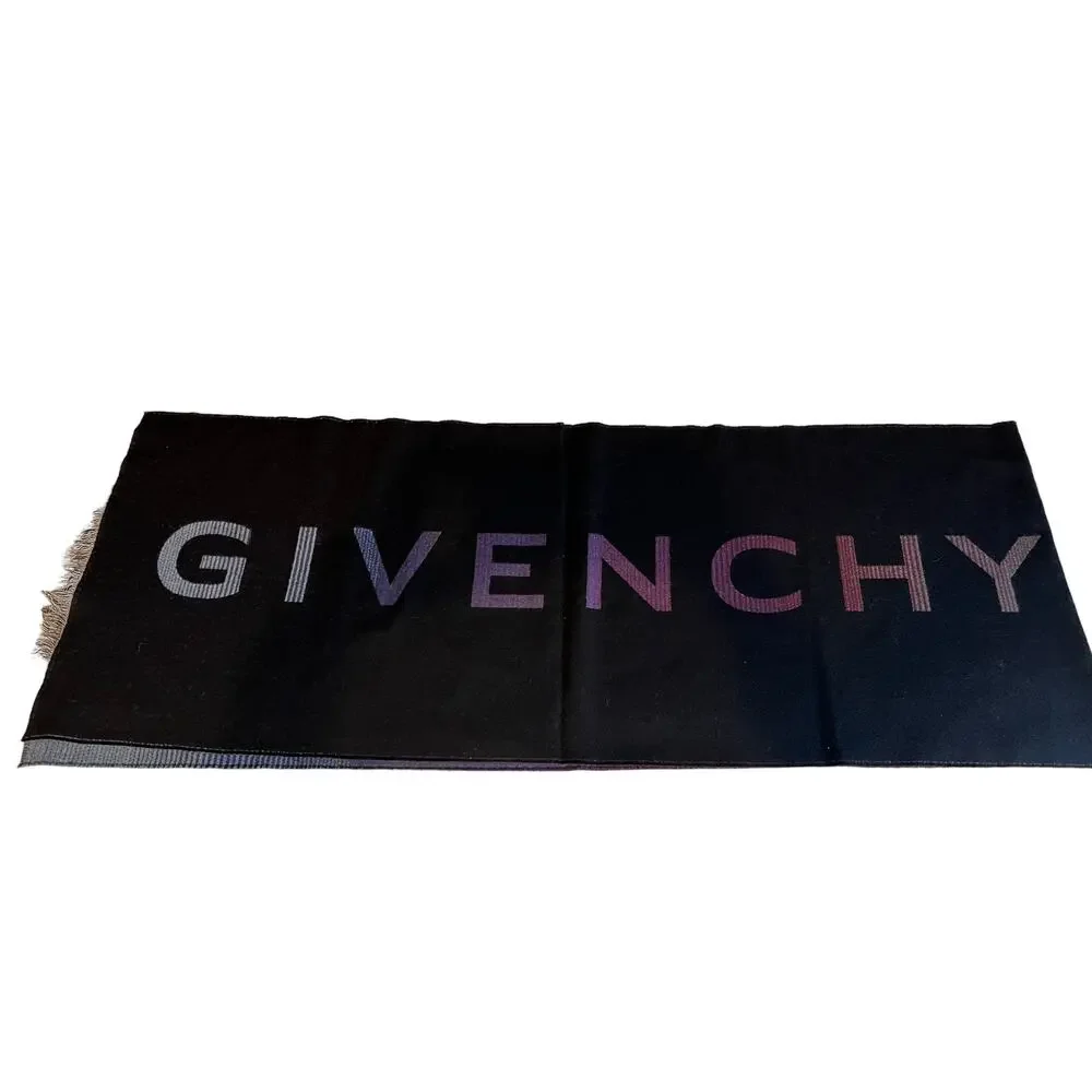 Givenchy Logo Wool Double Face Fringe Scarf Black Ombre